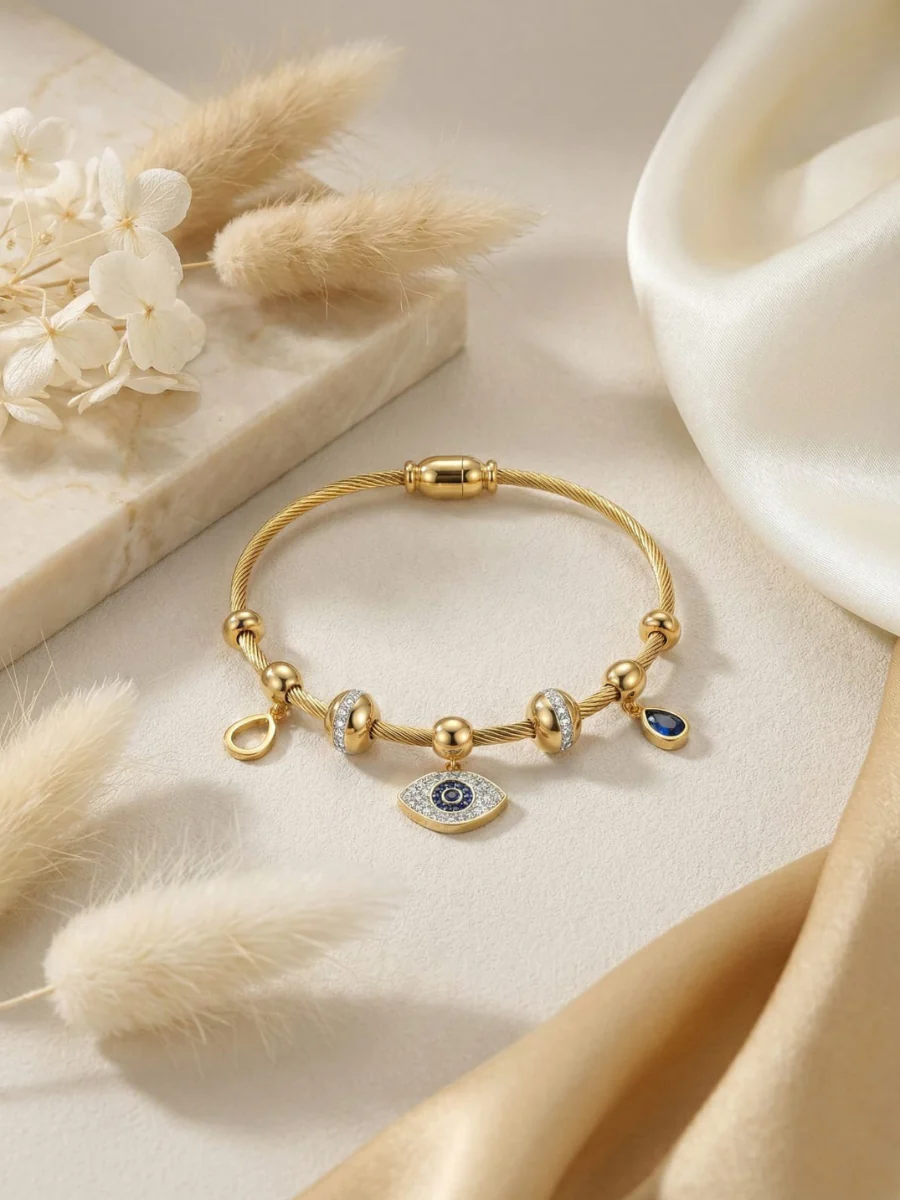 Women_sGoldenPlatedEvilEyeCharmBracelet-TheJewelbox-1 Bracelets - Image 4